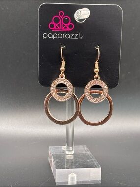 Paparazzi Rose Gold Double Hoop Dangle Earrings - Crystal Accents